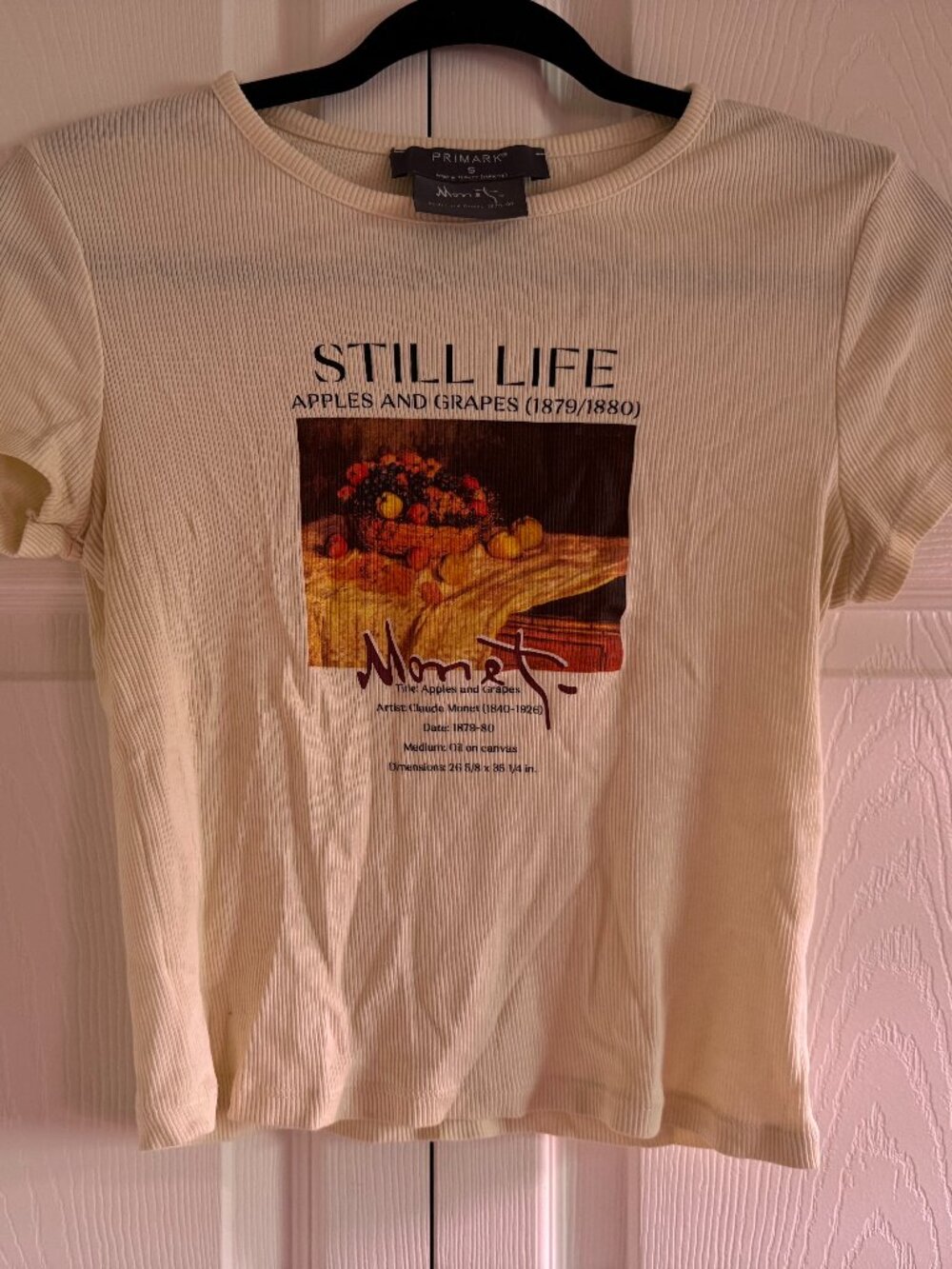 Primark Monet Apples & Grapes Cropped Ribbed Tee Size S –UK Vintage-Inspired Top